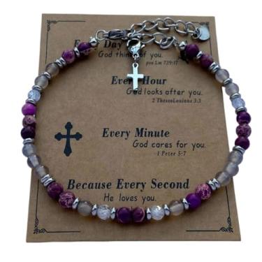 Imagem de DOLON Pulseira minimalista cristã com pingente de cruz com contas boêmia de pedra natural de 4 mm para mulheres, homens, confirmação, batismo, Páscoa, aniversário, presentes religiosos de Natal