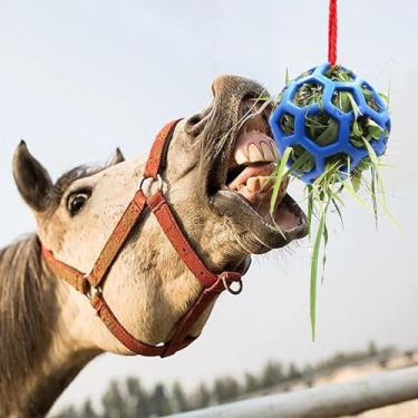 Imagem de Midnight Suprise Bola azul pendurada para cavalos – Brinquedo alimentador de feno TPR durável para cavalos, bola disjuntora de tédio de alimentação lenta para uso estável e em pastagens