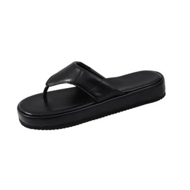 Imagem de Sandálias femininas modernas, casuais, de verão, cor sólida, bico redondo, estilo agasalho, sola grossa, chinelos rasos, Preto, 38