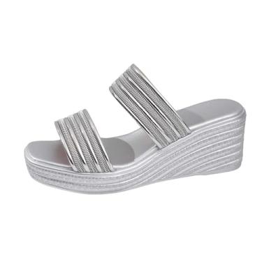 Imagem de Pantufa feminina casual primavera verão versátil plataforma praia cor sólida peep-toe aberto, Prata, 36