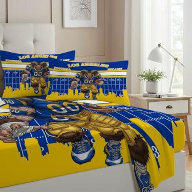 Imagem de Allenjoy Jogo de lençol Los Angeles American Football Blue Power com lençol com elástico, lençol de cima e 2 fronhas para decoração de quarto de fãs, marido, adolescentes, meninos, tamanho casal
