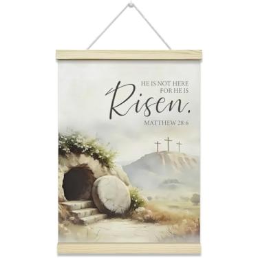 Imagem de Nopoben Moldura de cabide de pôster de Páscoa, decoração de parede cristã, arte de parede de túmulo vazio de Jesus com cabide de pôster de madeira, sala de estar, quarto, decoração de sala de oração