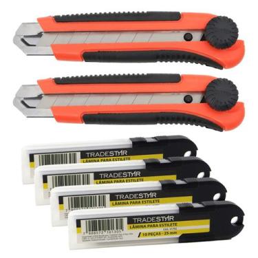 Imagem de Kit Estilete Profissional 25mm Trava Emborrachado + Lamina - Tradestar