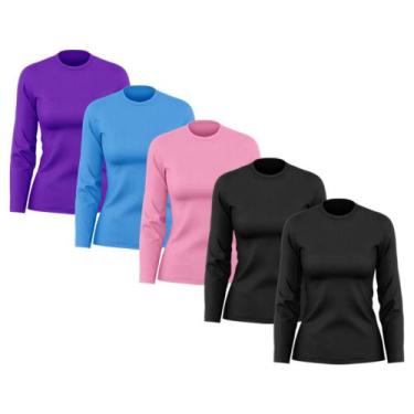 Imagem de Kit 5 Camisetas Feminina Manga Longa Dry Fit Básica Lisa Proteção Sola