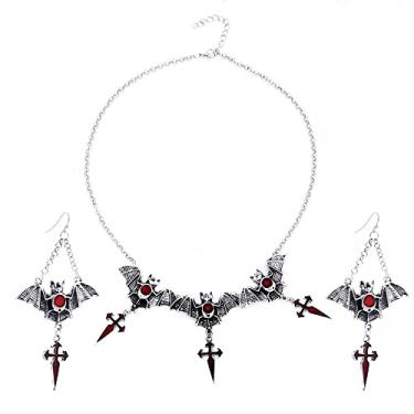 Imagem de LHDUF Conjunto de brincos de colar cruzado, colar com pingente de cruz de morcego masculino feminino conjunto de brincos hipoalergênicos para homens e mulheres, Metal, Sem Pedra Preciosa