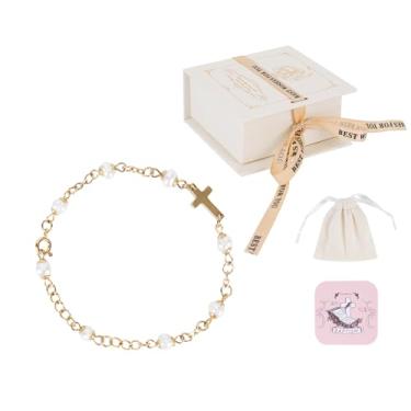 Imagem de Pulseira de batismo de bebê com cruz - presentes de batismo para meninas, presente de bebê para meninas, conjunto de presente infantil com pérola e cartão de poema, presentes de batismo e dedicação do