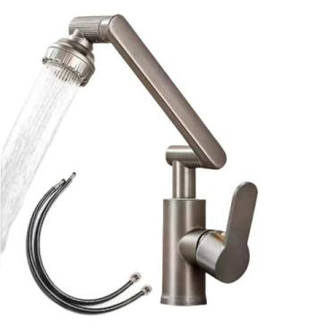 Imagem de Torneira para pia de banheiro com rotação de 1080 graus e água fria à prova de respingos, torneira misturadora de liga de alça única, cinza arma com mangueira