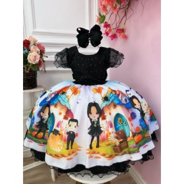 Imagem de Vestido Infantil Wandinha Halloween Preto Busto Strass Luxo Festa 4233