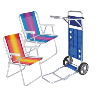 Imagem de Kit Praia 2 Cadeira Alta Alumínio Listrada Carrinho Com Avanço Para Ca