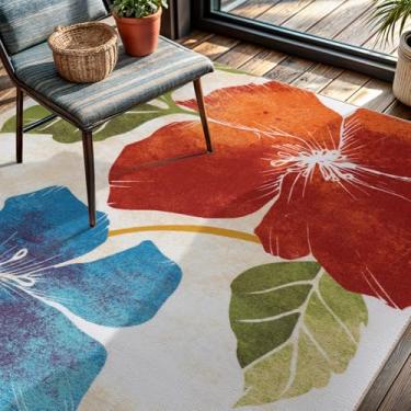 Imagem de CAMILSON Solana Tapete de área floral moderno, 1,8 m x 1,5 m, antiderrapante (antiderrapante), revestimento de borracha laranja - flores verdes tapete interno (3x5, multicolorido)