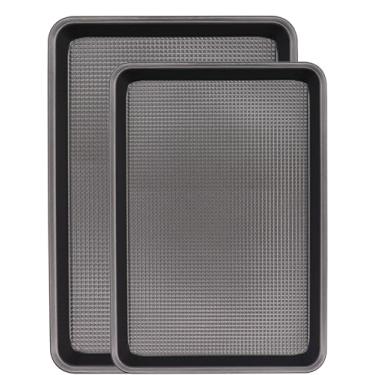 Imagem de JOHO BAKING Conjunto de 2 folhas de biscoito antiaderentes, pacote com 2 formas cinza escuro de 0,8 mm (23 x 33 cm) e rolo de gelatina (25 x 38 cm), grau comercial texturizado de diamante, seguro para