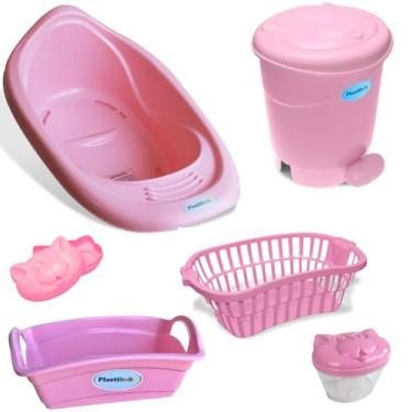 Imagem de Kit 6 pçs Bebe Banheira Cesto Organizador Saboneteira Porta-Algodão Lixeira (Rosa)