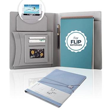 Imagem de OOKU Organizador de carteira de couro PU | Padfolio personalizado PRO compatível com Rocketbook Flip, blocos legais tamanho carta caderno espiral superior 21,5 x 28 cm | Suporte reutilizável para bloco de notas com suporte para telefone azul