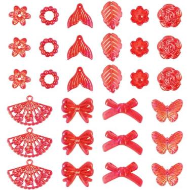 Imagem de FASHEWELRY 182 peças de contas de acrílico sortidas a granel folha estética flor coração contas AB cor chapeada plástico carmesim contas fofas para fazer joias brinco laço de cabelo chaveiro cordão de