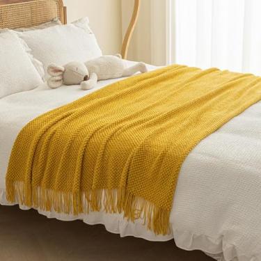 Imagem de Cachecol de corredor de cama de hotel cor sólida macio sem desbotamento toalha de cama com borla protetor de cama respirável cobertor de malha colcha de quarto decoração - amarelo ||127 * 260 cm (cama