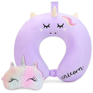 Imagem de Travesseiro de pescoço infantil para viajar, travesseiro de viagem infantil unicórnio com máscara para os olhos, essenciais de viagem para viagem, avião, assento de carro, assento de carro, desenho