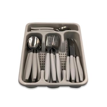 Imagem de Conjunto de Talheres 25 Peças em Inox, Cinza, com Porta Talheres, 6 Facas 22cm, 6 Garfos 20cm, 6 Colheres de Mesa 20cm, 6 Colheres de Chá 15cm