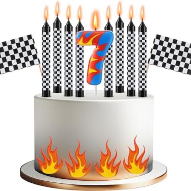 Imagem de Conelist 15 peças de velas temáticas de carros de corrida, número de aniversário, caminhão, roda, vela preta e branca, bandeira quadriculada, topo de bolo, decoração de bolo de carro de corrida de