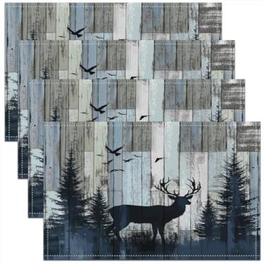 Imagem de jejeloiu Jogo americano infantil de cervo para cozinha, mesa de jantar, decoração de festa, ambientes internos e externos, 45,7 x 30,5 cm, conjunto de 4 tapetes de mesa rústicos de urso, cabana e