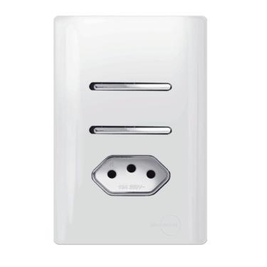 Imagem de 2 Interruptores Simples + Tomada Universal 2P+T 10A Cromado com Placa 4x2 Branco - DC-120023 - NOVARA