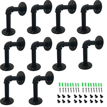 Imagem de Suportes de prateleira Yuanshikj para tubos industriais, suporte de flange duplo, encaixes de metal de ferro, prateleiras "Faça você mesmo", vintage, montado na parede, suporte de prateleira rústica resistente, 10Pc 3.9"x5.9" Black