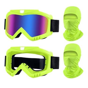 Imagem de LJDJ Óculos Dirt Bike, pacote com 2 óculos de motocicleta off-road ATV com proteção solar UV Balaclava cobertura facial completa (amarelo/colorido + lente transparente)