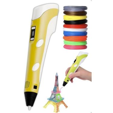 Imagem de Caneta Impressora 3D USB Bivolt com Controle de Temperatura, Display LCD e Filamentos ABS/PLA – Kit Completo para Crianças e DIY Criativo (Amarelo)
