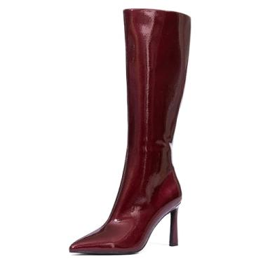 Imagem de NEWBELLA Botas femininas até o joelho salto agulha 7,6 cm botas femininas cano alto bico fino, Vermelho, 37