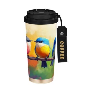 Imagem de SEHANY Caneca de café de viagem Blue Birds 482 g com tampa revestida de cerâmica e à prova de vazamento, parede dupla, isolada a vácuo, copo de aço inoxidável para bebidas quentes e frias