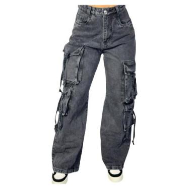 Imagem de Calça Cargo Jeans Feminina Wide Leg Cintura Alta 23 Graus, Grafite, 40