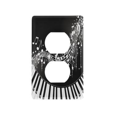 Imagem de Blueangle Placa de parede com notas musicais de piano, tomadas duplas, tamanho padrão, placas de cobertura de tomada elétrica de 1 gangue para decoração de quarto de escritório em casa, 4,53 x 2,76