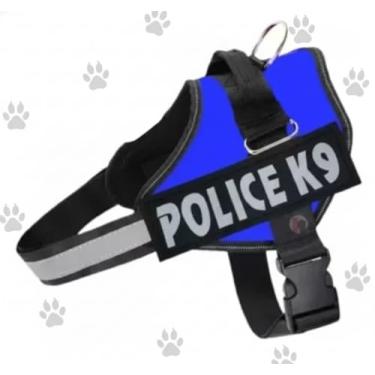 Imagem de Peitoral Tático para Cães POLICE K9 com Alça, Fivela Ajustável e Faixa Refletiva, para Pets de Pequeno e Médio Porte (Azul, P)