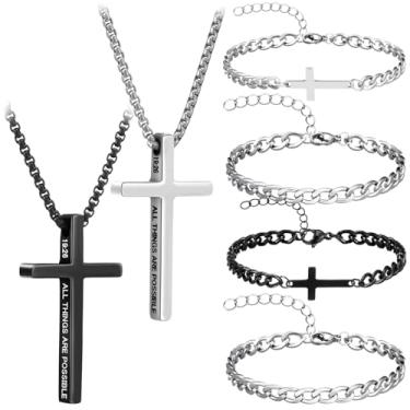 Imagem de Kigeli Conjunto de 6 peças de joias cruzadas para mulheres e homens, 2 colares e 4 pulseiras, presente religioso, pingente de cruz, conjunto de pulseiras para batismo, comunhão, confirmação, joias