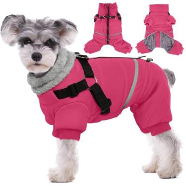 Imagem de BRKURLEG Casaco de inverno para cães com arnês embutido, jaqueta de inverno para cães pequenos e médios, roupa de neve refletiva à prova de vento para clima frio, casacos de lã quente para filhotes