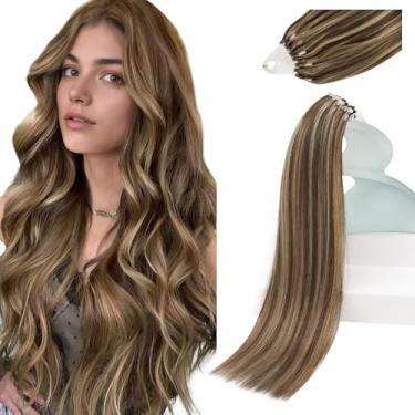 Imagem de Sunny Hair Extensões De Cabelo De Micro Contas Destaque 50G Micro Link Extensões De Cabelo Cabelo Humano Castanho Escuro Destaque Caramelo Loiro Fusão Fria Micro Bead Extensões De Cabelo Cabelo Huma