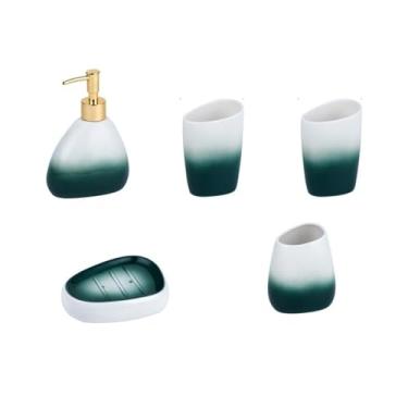 Imagem de Conjunto de artigos de higiene pessoal de banheiro 5 peças inclui: dispensador de sabonete de loção, copos de enxaguante bucal, suporte de escova de dentes e xampu de saboneteira (verde)