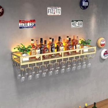 Imagem de Prateleira flutuante para bar de vinho prateleira de bebidas montada na parede com luz LED prateleira de exibição de garrafa de licor com rack de vidro de vinho pendurado para garrafas de bebidas para