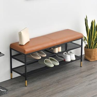 Imagem de Banco de sapatos com almofada e armazenamento | Sapateira de metal de 2 camadas para entrada, corredor e espaços pequenos | Marrom 80 cm de comprimento | Organizador de sapatos elegante e funcional