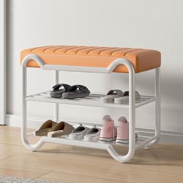 Imagem de Banco de sapateira de metal, organizador de armazenamento estofado para entrada e sala de estar, elegante armazenamento de sapatos otomano, banco de corredor compacto (laranja, 80 cm)