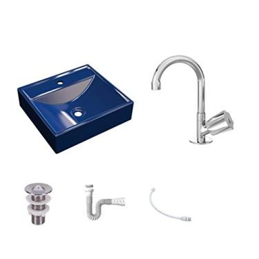 Imagem de Kit Cuba Q39 C/Torneira C50 e Válvula 1'' ABS + Sifão Pvc + Flexível Azul Escuro