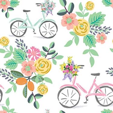 Imagem de Papel de Parede Flores e Bicicletas Quarto Feminino 57x270cm