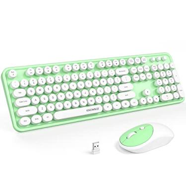 Imagem de KNOWSQT Combo de teclado e mouse sem fio – teclado fofo de máquina de escrever branco e verde, tamanho completo, 2,4 GHz, 104 teclas, teclado redondo e mouse óptico para Windows, computador, laptop,