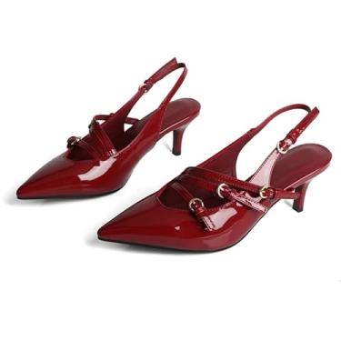 Imagem de FOREADA Salto Slingback feminino bico fino fechado salto gatinho sandálias elegantes sapatos de casamento couro envernizado, Slingback vermelho cereja, 40
