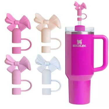 Imagem de Capa de canudo de laço para Stanley Cup, 10 mm 1 cm de silicone bonito topo de palha compatível com copos Stanley 40/850.5 g, tampas de ponta de canudos reutilizáveis rosa azul (4 peças)