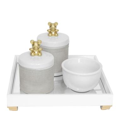 Imagem de Kit Higiene Bebê Porcelanas Algodão Bandeja Ursinho Dourado