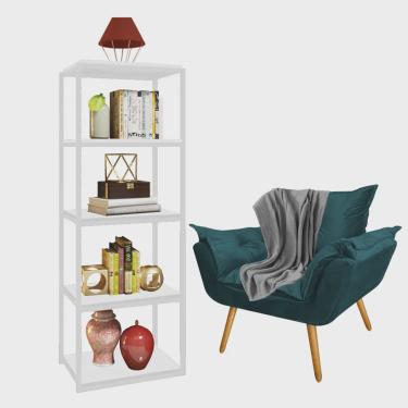 Imagem de Kit Poltrona Fatte com Manta Soft Cinza e Estante Livreiro Ferro Branco mdf Branco Suede Azul Turquesa - Ahz Móveis