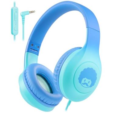 Imagem de rockpapa Fones de ouvido infantis, fones de ouvido com fio para crianças com microfone, limitador de volume de 85/94 dB, fones de ouvido dobráveis para tablet escolar, laptop, azul, verde