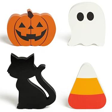 Imagem de WATINC 4 peças de bandeja de Halloween em camadas sinal de mesa de madeira itens de decoração, feliz festa de Halloween doces ou travessuras gato preto abóbora fantasma decoração de mesa de centro de mesa, decoração de mesa de fazenda rústica de outono