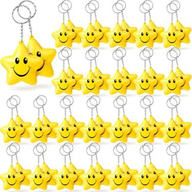Imagem de Macarrie 48 Peças Chaveiros De Bola Antiestresse Estrela Em Massa, Chaveiro Com Rosto De Sorriso Mini Bola Antiestresse Estrela Para Crianças Presentes De Troca Em Sala De Aula Adultos Escola Carnaval