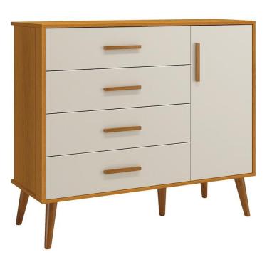 Imagem de Cômoda Infantil Isis 4 Gavetas 1 Porta em MDF Puxador em Madeira Bege Acabamento Fosco